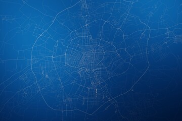 Stylized map of the streets of Shenyan (China) made with white lines on abstract blue background lit by two lights. Top view. 3d render, illustration