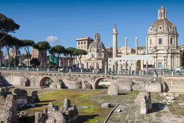Trajans column. Ancient Rome cityscape landmark. Roman forum monument. Italy