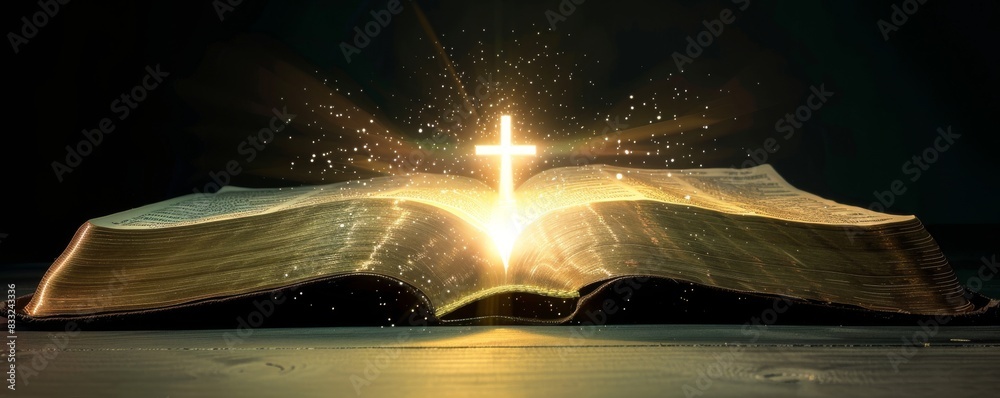 Wall mural Opened Holy Bible on dark background with sparkling yellow cross at centerfold. Christian banner with copy space - Wall murals