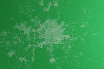 Map of the streets of Isfahan (Iran) made with white lines on green paper. Rough background. 3d render, illustration
