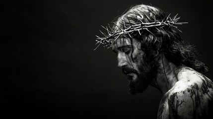Photorealistic black and white profile portrait of Jesus Christ wearing crown of thorns on his head