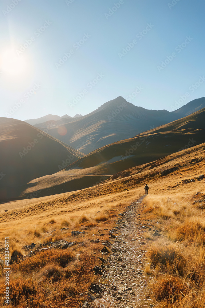 Poster Solo Hiker on Mountain Trail Exemplifying Perseverance in Nature  