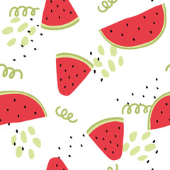 Watermelon slices seamless pattern. Flat watermelon fruit seamless pattern. Vector repeat background with watermelon slices for fabric, paper, wallpaper, cover, interior decoration, and other use.