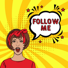 Follow me Vector Design with Cartoon, Comic Speech Bubble in pop-art style. Follow me pop art comic style. Can be used for business, marketing and advertising.