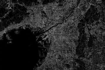Obraz premium Stylized map of the streets of Osaka (Japan) made with white lines on black background. Top view. 3d render, illustration