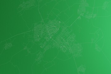 Map of the streets of Karaganda (Kazakhstan) made with white lines on green paper. Rough background. 3d render, illustration