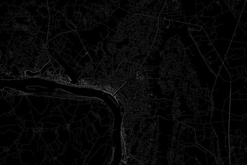 Stylized map of the streets of Vientiane (Laos) made with white lines on black background. Top view. 3d render, illustration