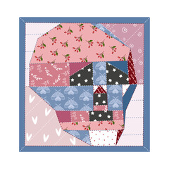 Vector illustration of a patchwork skull. Handwork, needlework, skull from scraps of fabric. Isolated on white background.