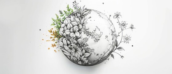 A sketch illustration of a small globe with detailed plants and flowers growing from it