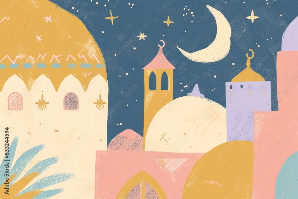 Wall mural cute ramadan illustration painting art modern art.