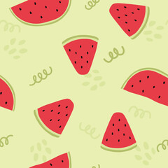 Watermelon slices seamless pattern. Flat watermelon fruit seamless pattern. Vector repeat background with watermelon slices for fabric, paper, wallpaper, cover, interior decoration, and other use.