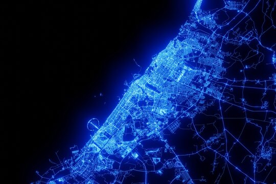 Street map of Dubai (UAE) made with blue illumination and glow effect. Top view on roads network