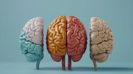 Four colorful human brain models lined up against a pastel blue background, highlighting diversity and creativity in cognitive science.