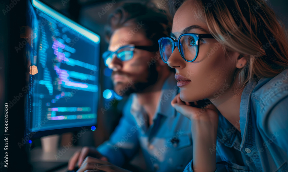 Poster focused it specialists collaborating and testing javascript code in a modern office at night