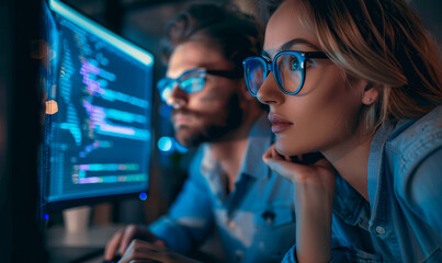 Focused IT Specialists Collaborating and Testing Javascript Code in a Modern Office at Night