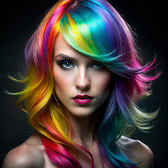 Fototapeta premium Portrait of a woman with vibrant rainbow-colored hair on a dark background