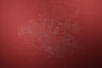 Map of the streets of Saskatoon (Canada) made with white lines on abstract red background lit by two lights. Top view. 3d render, illustration
