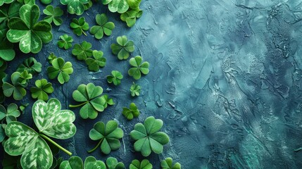 Background with green shamrock and four leaf clover for St Patrick s Day on a blue backdrop