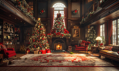 Elegant Festive Living Room with Decorated Christmas Trees and Glowing Fireplace, Cozy Holiday Interior, Warm and Inviting Christmas Eve Celebration, Luxuriously Ornamented Room, Joyful Holiday Spirit
