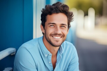 Obraz premium A man with a charming smile, aged 30 and older, against a light blue backdrop