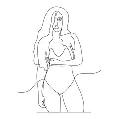 Continuous one Line drawing of Woman in Swimsuit. Vector illustration Summer holiday happiness of carefree joyful girl with long hair