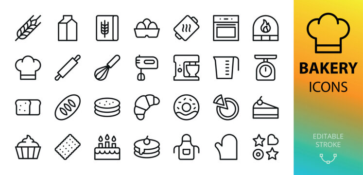 Bakery isolated icons set. Set of bread, loaf, lavash, pie, cake, donut, croissant, cheesecake, pancakes, cupcake, oven, stove, mixer, baking tools, bakery ingredients, pita bread vector icon