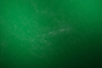 Map of the streets of Sarajevo (Bosnia) made with white lines on abstract green background lit by two lights. Top view. 3d render, illustration