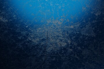 Street map of Prague (Czechia) engraved on blue metal background. View with light coming from top. 3d render, illustration