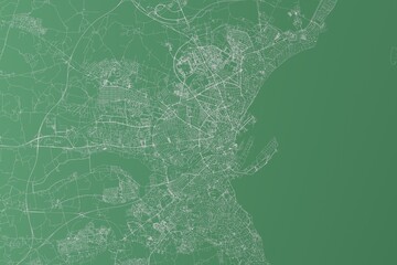Stylized map of the streets of Aarhus (Denmark) made with white lines on green background. Top view. 3d render, illustration