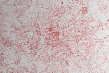 Map of the streets of Dortmund (Germany) made with red lines on white paper. 3d render, illustration