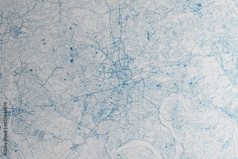 Poster map of the streets of essen (germany) made with blue lines on white paper. 3d render, illustration - Posters