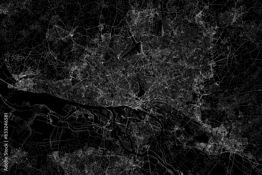 Wall mural stylized map of the streets of hamburg (germany) made with white lines on black background. top view