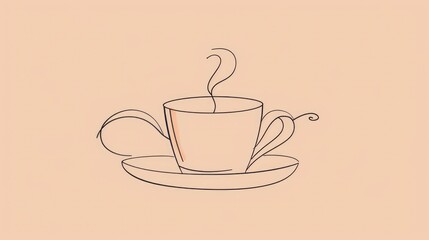 Obraz premium Coffee cup continuous line sketch tea icon cafe sketch drink single art outline mug logo food. Doodle cup line abstract background breakfast steam morning coffee design symbol.