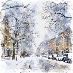 Watercolor painting of snowflakes falling on a city street, covering the ground in a blanket of snow, on isolated white background, Generative AI 