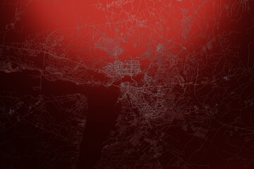 Street map of Kazan (Russia) engraved on red metal background. Light is coming from top. 3d render, illustration
