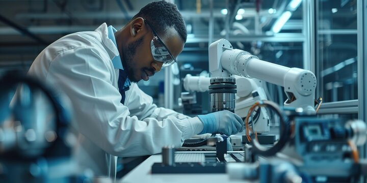 Focused engineer working with robotics in modern lab.