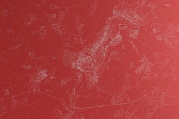 Map of the streets of Ufa (Russia) made with white lines on red paper. Top view, rough background. 3d render, illustration