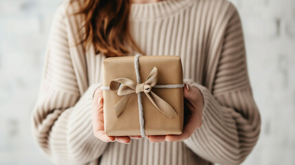 Closeup of a woman holding a beautifully wrapped gift box