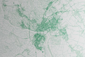 Map of the streets of Bratislava (Slovakia) made with green lines on white paper. 3d render, illustration