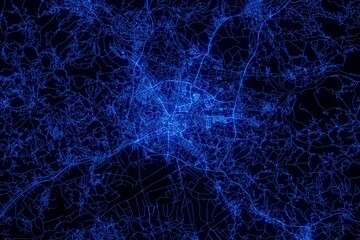 Street map of Ljubljana (Slovenia) made with blue illumination and glow effect. Top view on roads network