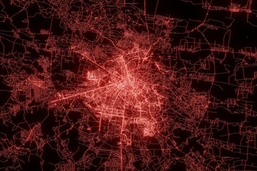 Street map of Lviv (Ukraine) made with red illumination and glow effect. Top view on roads network. 3d render, illustration