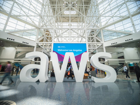 LOS ANGELES, CA- May 22, 2024: Amazon Web Services AWS logo greeting visitors of AWS Summit in the hall of Los Angeles Convention Center.