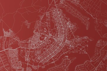 Map of the streets of Brasilia (Brazil) made with white lines on red background. Top view. 3d render, illustration