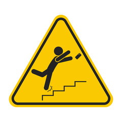Yellow triangle sign do not use mobile phone on stairs, man falling on stair with phone