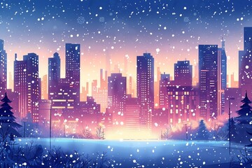 Stunning illustration of a winter urban skyline at dusk with snow falling, highlighting glowing buildings under a serene night sky.