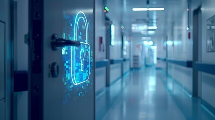 Secure Medical Data: Glowing Padlock in High-Tech Healthcare Environment Ensuring Cybersecurity Measures