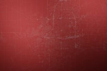 Map of the streets of Rockford (Illinois, USA) made with white lines on abstract red background lit by two lights. Top view. 3d render, illustration