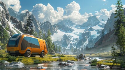 A futuristic camper van sits amidst serene mountain scenery