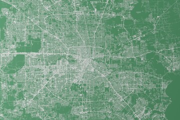 Stylized map of the streets of Houston (Texas, USA) made with white lines on green background. Top view. 3d render, illustration