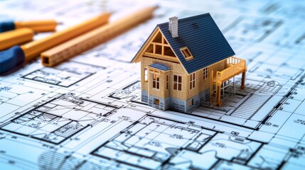 house under construction on blueprints, building project. building house, brick and project for construction industry background